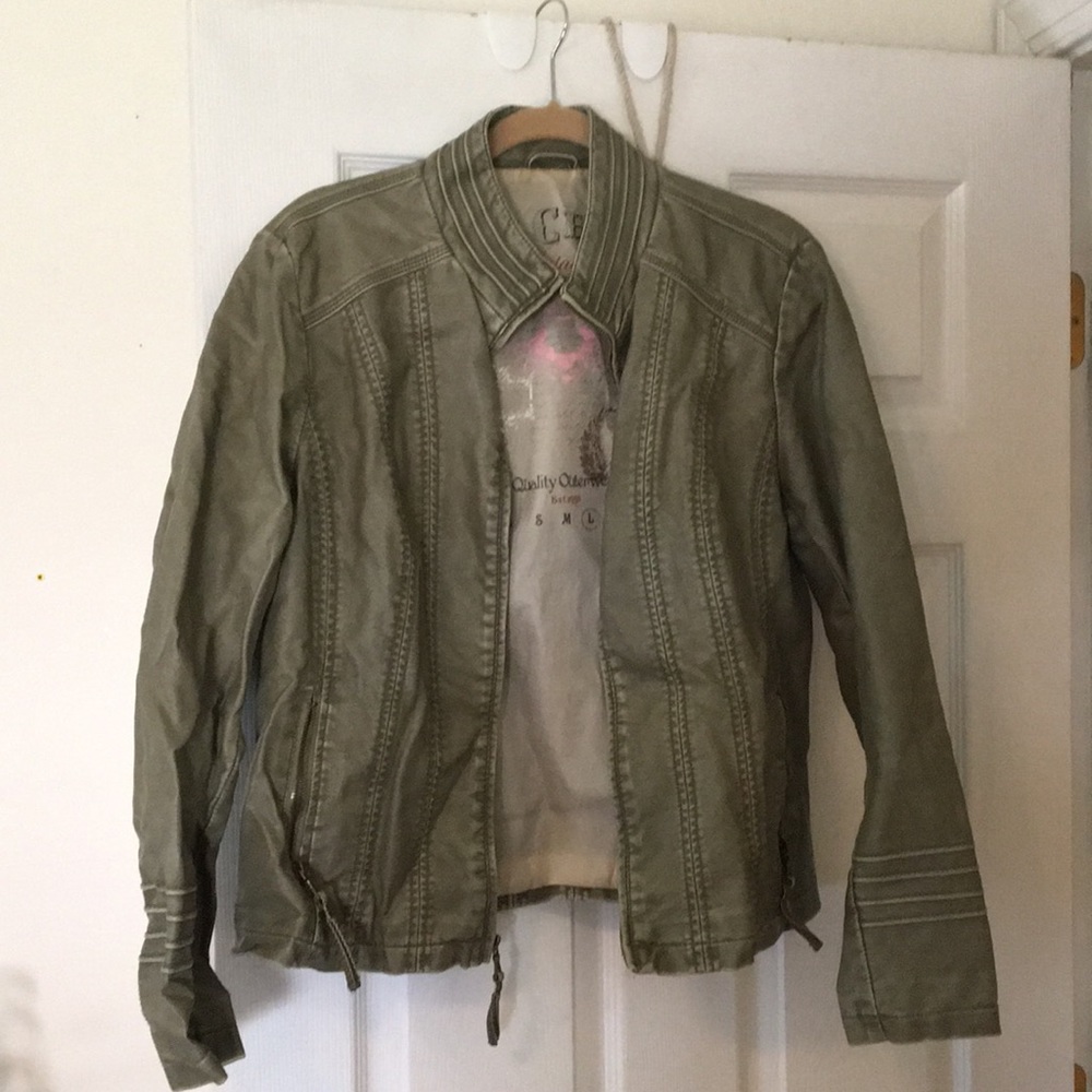 Olive green pleather motorcycle jacket